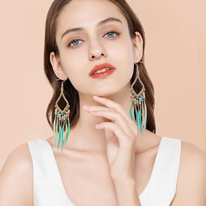 3 Pairs Bohemian Long Feather Tassel Earrings, Handmade Multicolor Seed Beads Fringe Dangle Drop Earrings Retro Statement Jewelry Gifts for Women