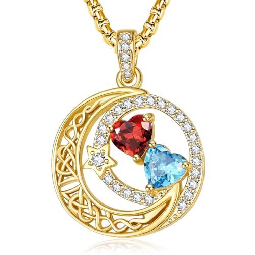 14K Gold Moon and Star Double Birthstone Necklace Gifts for Women | 2 Heart Birthstone Necklace,Mothers Day Wedding Anniversary Birthday Gifts for Wife Mom Daughter Grandma Sister - color: 01-03-Jan-Mar Birthstone