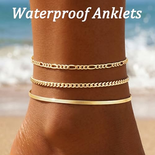 Waterproof Ankle Bracelets for Women,14k Gold Plated Hypoallergenic Layered Stackable herringbone Cuban Link Chain,Adjustable Beach Anklets Bracelets for Women Gift 3pc Sets - color: Gold