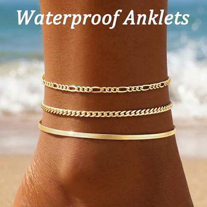 Waterproof Ankle Bracelets for Women,14k Gold Plated Hypoallergenic Layered Stackable herringbone Cuban Link Chain,Adjustable Beach Anklets Bracelets for Women Gift 3pc Sets - color: Gold
