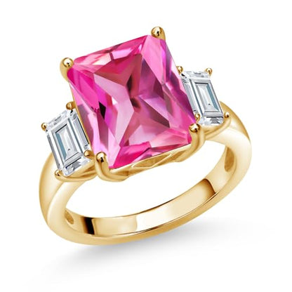 Gem Stone King 18K Yellow Gold Plated Silver Pink Created Sapphire and White Zirconia Engagement Ring For Women | 7.92 Cttw | Emerald Cut 12X10MM | Gemstone September Birthstone