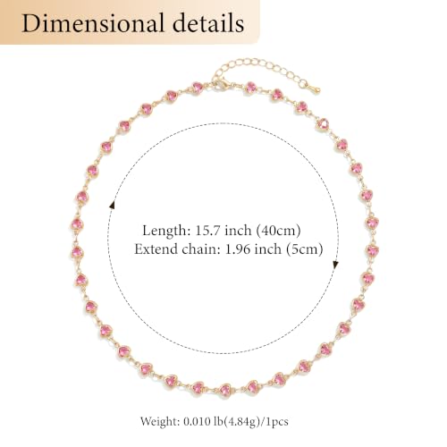 Colorful Necklace for Women,14K Gold Plated Chain With Crystal Necklace Womens Statement Cute Trendy Surfer Beach Choker Necklaces Gifts - color: Pink Heart