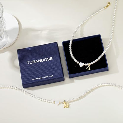 Turandoss Pearl Initial Necklaces for Women Trendy, Dainty 14K Gold Plated Heart Initial Pearl Pendent Necklace Bridesmaid Proposal Jewelry Personalized Gifts for Women Girls - color: L