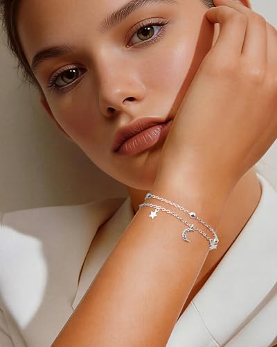 Moon and Star Bracelet for Women Layered Adjustable Satellite Chain Sliver&Gold Star Bracelets Summer Beach Jewelry