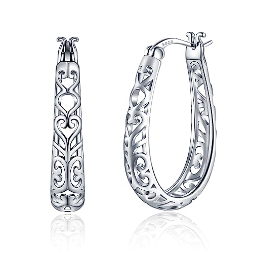 JSGEMSLEE 925 Sterling Silver Vintage Filigree Hoop Earrings Lightweight Oval Hoop Earrings for Women Hypoallergenic Earrings - color: white