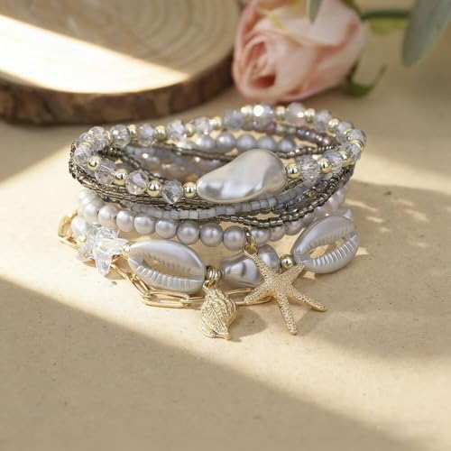 Boho Stackable Beaded Bracelet Set, Pink, Starfish Shell Pearl Charms, Elastic Handmade Layered Stretch Bracelets, Summer Beach Holiday Jewelry for Women - color: Grey A
