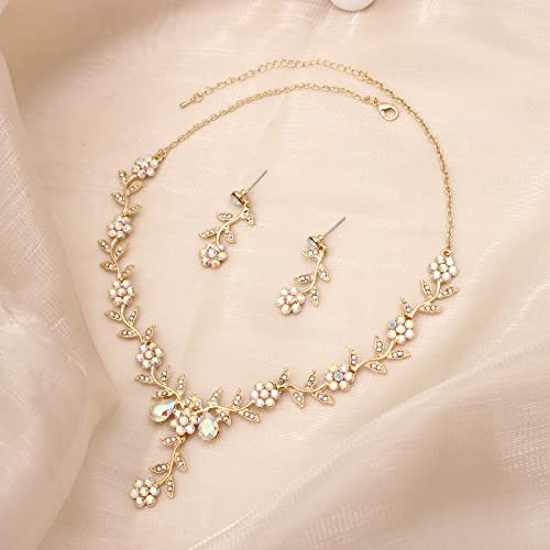 Flower Leaf Crystal Pendant Necklace Dangle Earrings Link Bracelet Bride Bridesmaid Jewelry Sets for Women Wedding Party - color: AB Crystal-Gold Plated