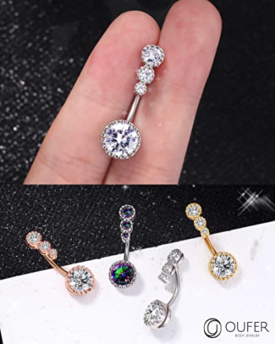 OUFER 316L Surgical Steel Belly Button Rings, Clear CZ Navel Rings, Belly Piercing Jewelry - color: Silver Bar, Clear CZ