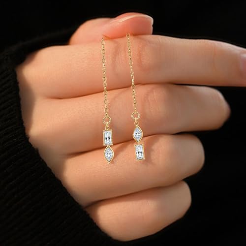 Long Chain Drop Earrings for Women, 925 Sterling Silver, Dainty Dangling Elegant Earrings for Daily Wear, Gift for Her - color: G-LF