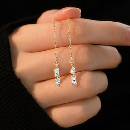 Long Chain Drop Earrings for Women, 925 Sterling Silver, Dainty Dangling Elegant Earrings for Daily Wear, Gift for Her - color: G-LF