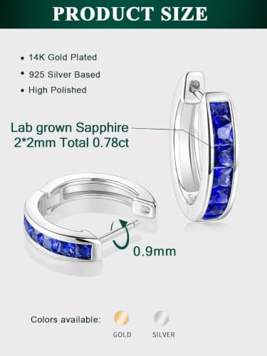 Chunky Emerald Sapphire Ruby Hoop Earrings, Princess or Round Cut, 14k Yellow Gold Plated Sterling Silver Cubic Zirconia Huggie Earings Minimalist Hoops Earrings for Women Wedding Daily Birthday - style: Princess cut -Sapphire -Silver