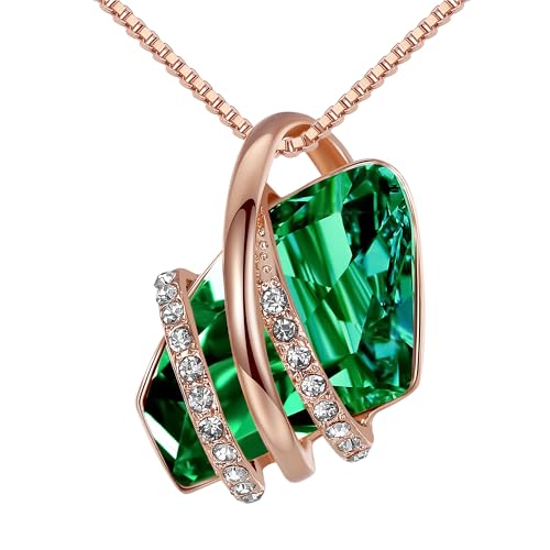 Leafael Wish Stone Pendant Necklace with Birthstone Crystal, 18K Rose Gold Plated/Silvertone, 18" + 2" - color: 105-May-Emerald Green-Rose Gold Plated