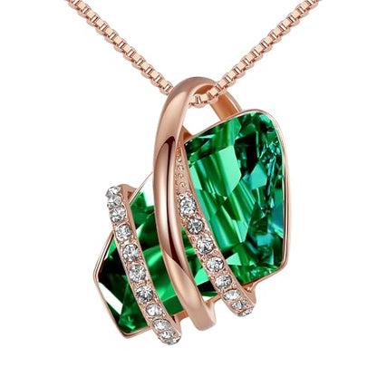 Leafael Wish Stone Pendant Necklace with Birthstone Crystal, 18K Rose Gold Plated/Silvertone, 18" + 2" - color: 105-May-Emerald Green-Rose Gold Plated