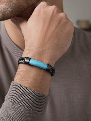Mens Black Leather Obsidian/Turquoise/Tiger Eye/Red Agate Bracelet–Braided Multi‑Layer Wristband Cuff Bangle Bracelet with Stainless Steel Clasp Gift Jewelry Box Included - color: Style 2: Turquoise, size: 8.3in(Fits most wrists)