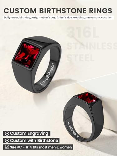 KeyStyle Square Gemstone Signet Rings for Men, Personalized Stainless Steel Pinky Ring with Black Onxy Blue Topaz Birthstone Statement Ring - color: Black - Custom Stone - 8mm