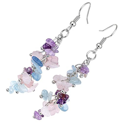 Nupuyai Natural Tumbled Stones Earrings for Women, Reiki Healing Crystal Long Dangle Hook Eardrop - color: #9-Purple & Blue & Pink