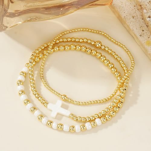 14K Gold Plated Beaded 3Pcs Stack Bracelets for Women, Dainty Trendy Freshwater Stackable Pearl Paperclip Cross Chain Gold Balls Stretch Accessories Jewelry Vacation Gift - color: white