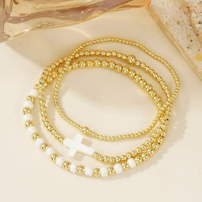 14K Gold Plated Beaded 3Pcs Stack Bracelets for Women, Dainty Trendy Freshwater Stackable Pearl Paperclip Cross Chain Gold Balls Stretch Accessories Jewelry Vacation Gift - color: white