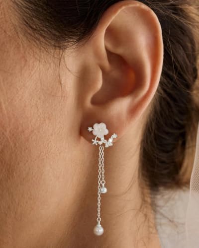 14K Gold Plated/Sterling Silver CZ Pearl Drop Dangle Earrings for Women - color: Gold-Flower Pearl CZ