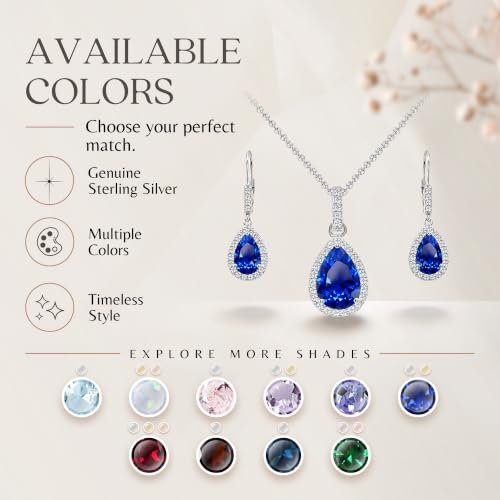 Jewelry Sets for Women, Necklace and Earring Sets for Women, Birthstone Jewelry, Genuine or Synthetic Gemstones, Teardrop Necklace and Dangle Earrings, Pendant Necklace, Sterling Silver Jewelry - color: Created Blue Sapphire