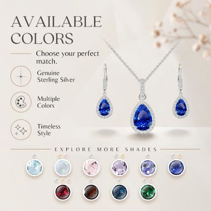 Jewelry Sets for Women, Necklace and Earring Sets for Women, Birthstone Jewelry, Genuine or Synthetic Gemstones, Teardrop Necklace and Dangle Earrings, Pendant Necklace, Sterling Silver Jewelry - color: Created Blue Sapphire
