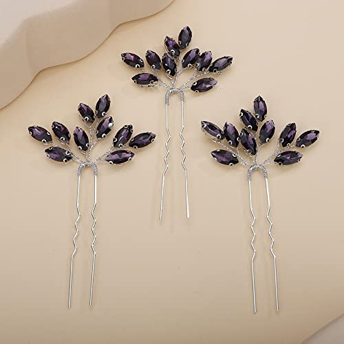Teyglen 3pcs Bridal Crystal Hair Pins Rhinestones Hair Pieces Simple Crystal Wedding Hair Accessories Handmade Hair Pins for Women Bride Girls (Dark Purple) - color: Dark Purple