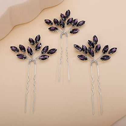 Teyglen 3pcs Bridal Crystal Hair Pins Rhinestones Hair Pieces Simple Crystal Wedding Hair Accessories Handmade Hair Pins for Women Bride Girls (Dark Purple) - color: Dark Purple
