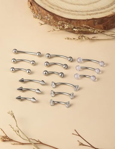 Lcolyoli 18pcs 16G Clear Bioflex Acrylic & Stainless Steel Eyebrow Barbell Rook Daith Earrings Belly Studs Cartilage Tragus Barbell Body Piercing Jewelry Retainer 6mm 8mm 10mm - color: A:18pcs/silver-tone