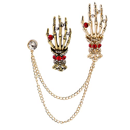 2PCS Vintage Skeleton Hand Long Chain Lapel Pin for Women Men Gothic Punk Brooch Retro Crystal Skeleton Skull Collar Pin Halloween Gifts - color: 2PCS Skeleton Lapel Pin