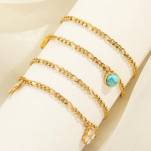 10 PCS Bracelets for Women Stainless Steel Chain Link Bracelet Set | 6.7 Inches with Extender, Jewelry Gifts for DIY, Chains Bulk, Oval, Curb, Figaro Chains, 18K Gold Plated, Silver, Chunky - color: Figaro Gold