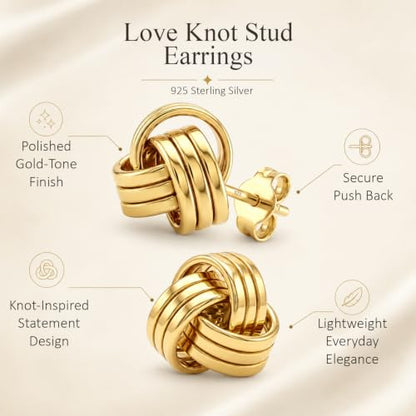 LeCalla Sterling Silver Love Knot Stud Earrings - Lightweight Italian Design Twisted Earrings for Women - color: Yellow-Gold Love Knot