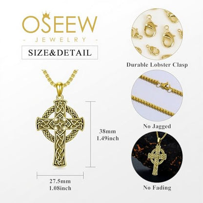 Celtic Cross Necklace For Men ，18K Gold Plated Celtic Cross Celtic Amulet Necklace Protection Jewelry Religious Gifts with 2.5mm 22"+2" Adjustable Rolo Chain - style: style4
