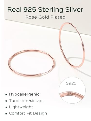 ChicSilver 925 Sterling Silver Hoop Earrings for Women Hypoallergenic, Lightweight Large Gold Plated Silver Hoop Earrings, Endless Hoops Earring 20/30/40/50/60/70MM - color: A. High Polished Rose Gold, size: 50mm