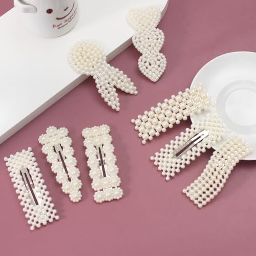 Simulated Pearl Hair Clips for Women | Cute Shapes Barrettes & Hair Clips for Women | Alligator Clips Hair Accessories for Short or Thick Hair | Fashion Hair Clips, White 8 Pcs