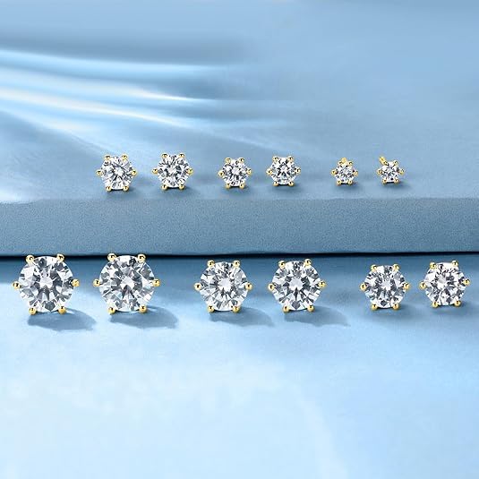 18K Gold Plated Round Princess Cut Clear Cubic Zirconia Stud Earring of 6 Pairs - color: C-gold