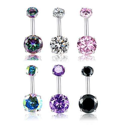 HQLA 14G Belly Button Rings Surgical Stainless Steel Round Cubic Zirconia Navel Barbell Stud Body Piercing - color: 6Pcs