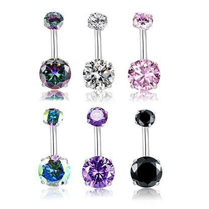 HQLA 14G Belly Button Rings Surgical Stainless Steel Round Cubic Zirconia Navel Barbell Stud Body Piercing - color: 6Pcs