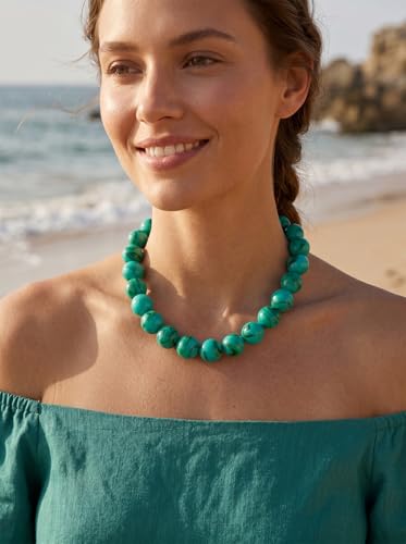 Chunky Beaded Necklaces for Women Statement Necklace | Bold Chunky Choker, Large Resin Beads, Adjustable Necklace, Boho Trendy Summer Beach Holiday Jewelry - color: Turquoise color