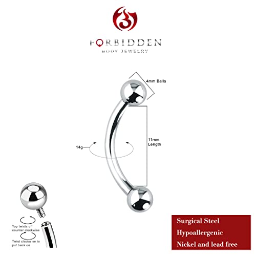 Forbidden Body Jewelry Curved Barbell Piercing Jewelry - 00GA-16GA Silver Eyebrow Piercing - Surgical Steel Snake Eye Frog Eyes Tongue Rings & Belly Rings for Women (6/14mm Bar, 3/12mm Balls) - style: 14GA, 11mm Length, 4mm Balls