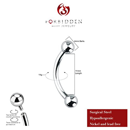 Forbidden Body Jewelry Curved Barbell Piercing Jewelry - 00GA-16GA Silver Eyebrow Piercing - Surgical Steel Snake Eye Frog Eyes Tongue Rings & Belly Rings for Women (6/14mm Bar, 3/12mm Balls) - style: 14GA, 11mm Length, 4mm Balls