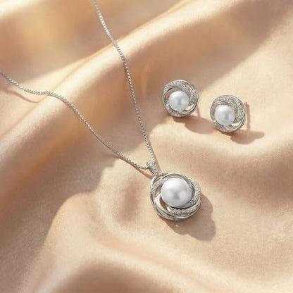 Mariell Freshwater Pearl Wedding Necklace Earrings Set for Brides, Bridesmaids, Birthday Gift - color: Silver
