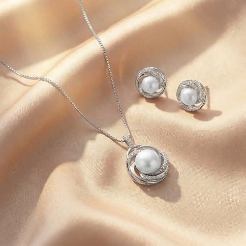 Mariell Freshwater Pearl Wedding Necklace Earrings Set for Brides, Bridesmaids, Birthday Gift - color: Silver