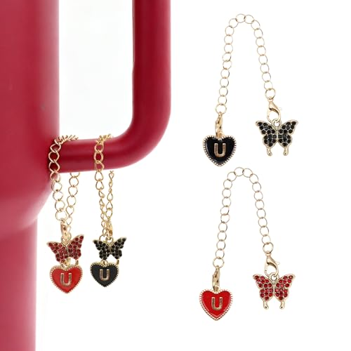 2Pcs Letter Charm Accessories for Stanley Cup,Name ID Initial Letter for Stanley 30&40 oz Tumbler with Handle,Heart Shape & Four Leaf Clover Initial Personalized Identification Charms Chain - color: Black&Red-U