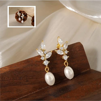 Pearl Earrings for Women:Gold Wedding Dangle Drop Earring Pearl Jewelry | 14K Gold Plated Pearl Drop Earrings for Women,Dainty Wedding Bride Earring Studs,Gold Dangle Drop Earring,Waterproof Jewelry - size: 1 pcs-12