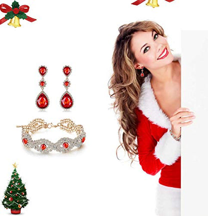 Paxuan Silver/Gold Plated Bridal Wedding Rhinestone Earrings Bracelet Set for Wedding Brides Bridesmaids Crystal Stone Dangle Drop Earrings Link Tennis Bracelet Set for Women Wedding - color: Red - Bracelet and Earrings Set