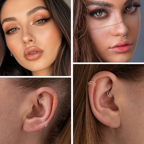 FUNLMO Double Hoop Nose Ring Conch Piercing Jewelry Septum Ring Cartilage Earring Tragus Helix Rook Daith Piercing Jewelry 316L Surgical Steel - color: Gold,double open stack,22g