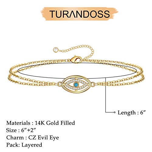 Dainty Gold Bracelets for Women, 14K Gold Plated Adjustable Layered Beads Bracelet Cute Evil Eye Oval Chain Pearl Bar Turtle Gold Bracelets for Women Jewelry - style: CZ Evil Eye