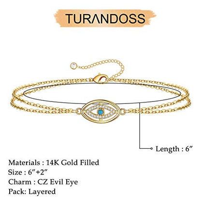 Dainty Gold Bracelets for Women, 14K Gold Plated Adjustable Layered Beads Bracelet Cute Evil Eye Oval Chain Pearl Bar Turtle Gold Bracelets for Women Jewelry - style: CZ Evil Eye