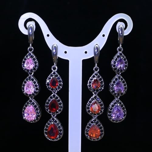 LMXXVJ Necklace Long Earrings Bracelet Set, White Gold Plated Created Blue Sapphire Jewelry Set Wedding Party Gift Jewelry for Women Bridal Bridesmaid - color: Black Gun-Ruby Red