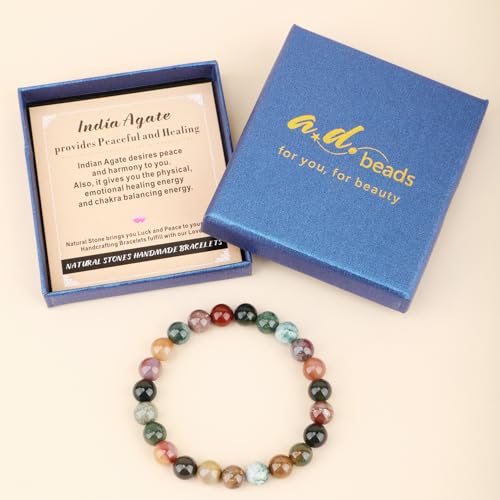 AD Beads Handmade Gemstone Stretch Elastic Bracelet Crystal Healing Reiki Nature's Beauty and Spiritual Essence Unisex (8mm, Indian Agate) - color: Indian Agate, size: 8mm